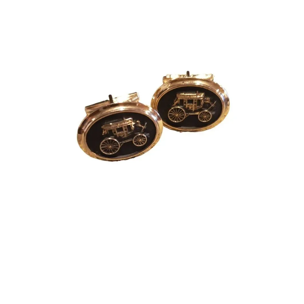Vintage Estate Stunning Wells Fargo Cuff Link Oval Gold Black Employee Cufflinks